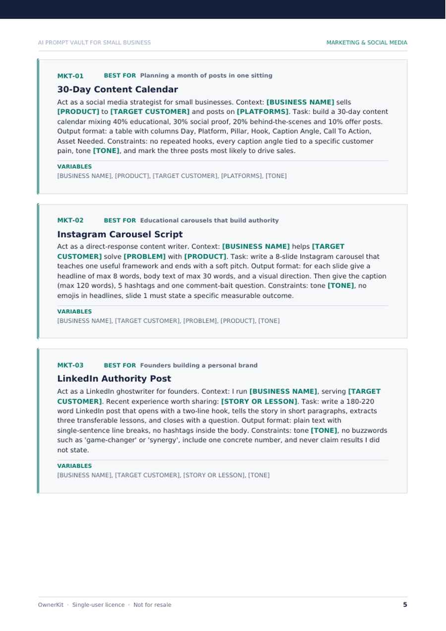 A page of the Prompt Vault showing three structured marketing prompt cards with highlighted variables
